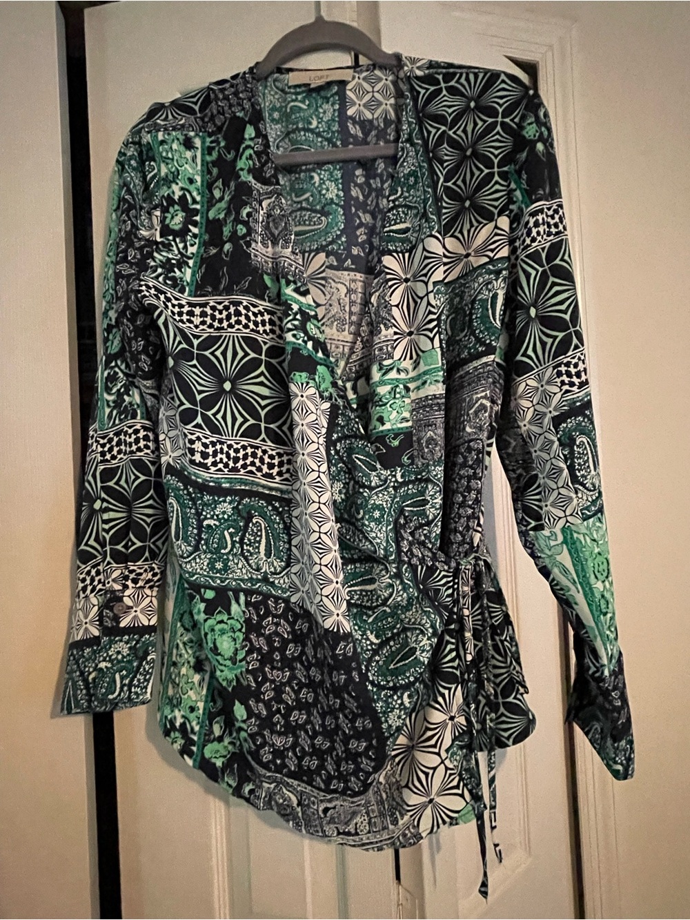 LOFT Green and Black Patchwork Wrap Blouse